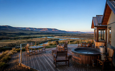 Lodge deck with timber chairs and a wood-fired hot tub overlooking the river valley