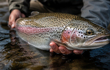 A large rainbow trout cradled in an angler's hands above the water
