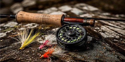 A fly rod, reel and hand-tied streamers laid out on driftwood